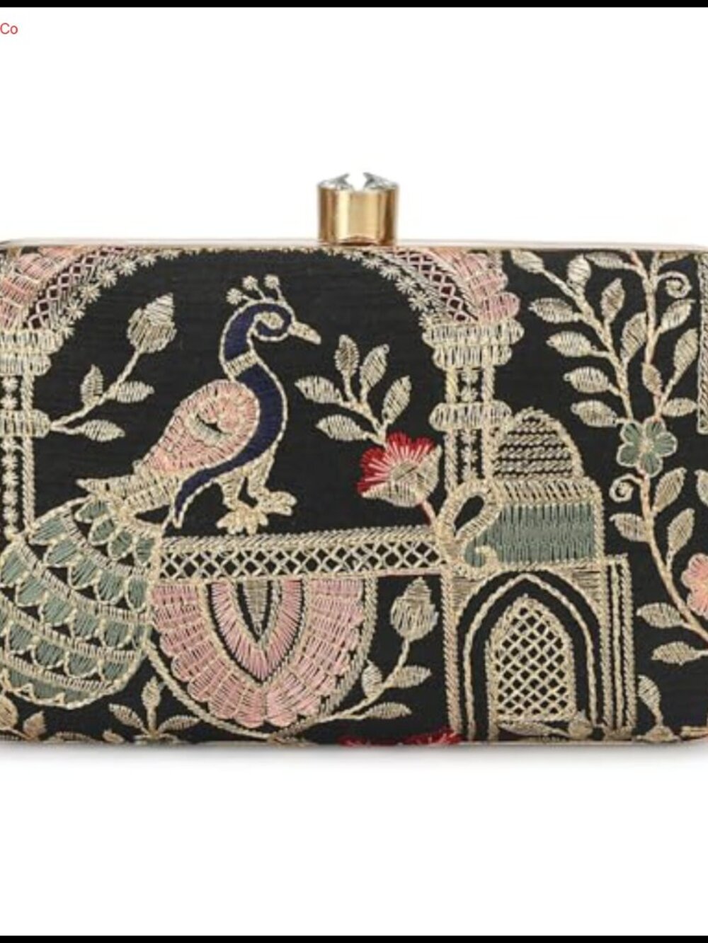 Embroidered Box Clutch Evening Bag with Crystal Clasp Detachable Chain Strap